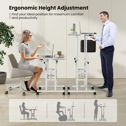 Mobile Standing Desk Height-Adjustable Laptop Cart with Split Top and Hanging Hooks, White Laptop Tables & Printer Stands   at Gallery Canada