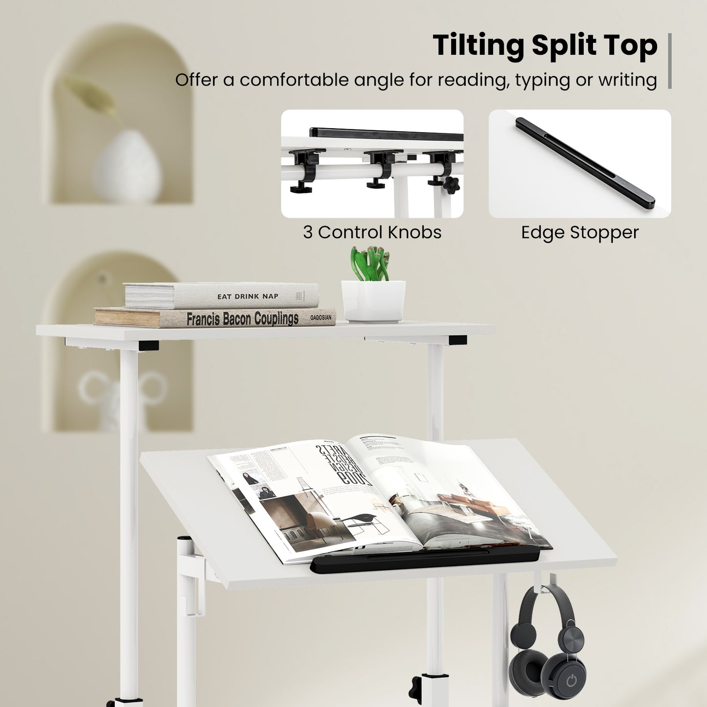 Mobile Standing Desk Height-Adjustable Laptop Cart with Split Top and Hanging Hooks, White Laptop Tables & Printer Stands   at Gallery Canada