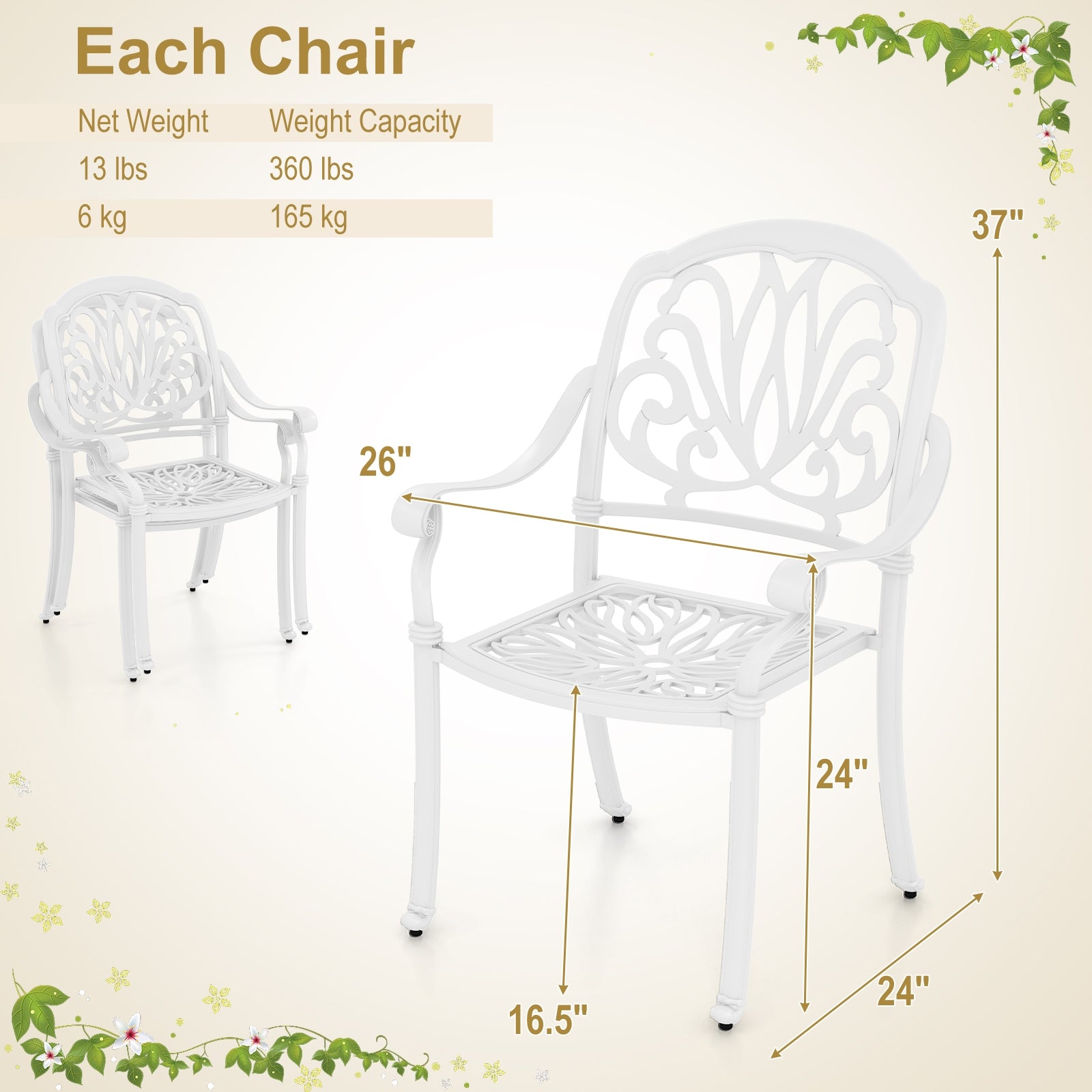 2 Pieces Patio Cast Aluminum Dining Chairs with Armrests, White Patio Dining Chairs   at Gallery Canada