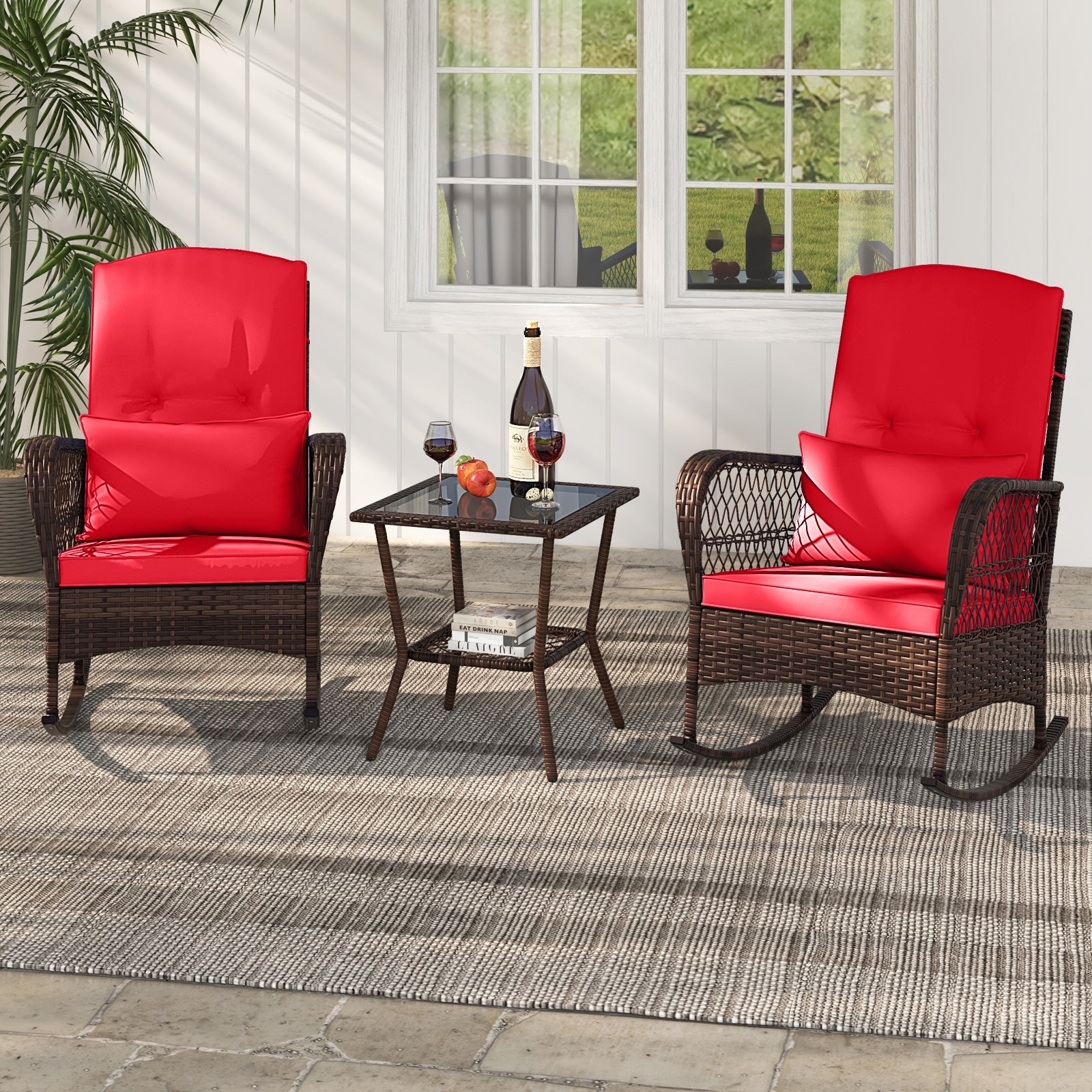 3 Pieces Rocking Bistro Set with 2-Tier Coffee Table, Red Patio Conversation Sets   at Gallery Canada