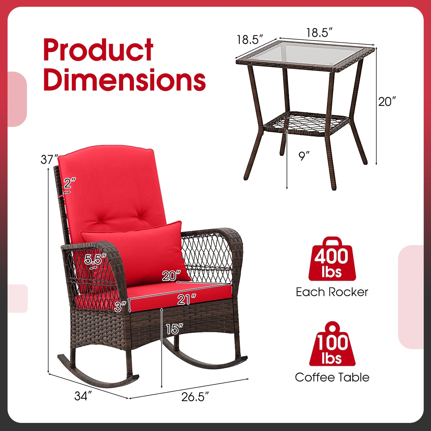 3 Pieces Rocking Bistro Set with 2-Tier Coffee Table, Red Patio Conversation Sets   at Gallery Canada