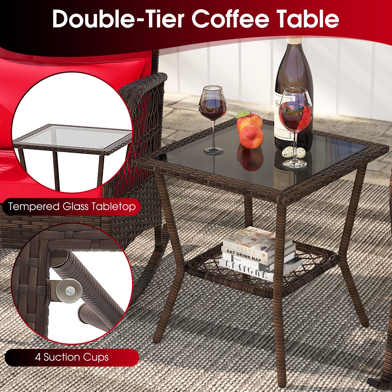 3 Pieces Rocking Bistro Set with 2-Tier Coffee Table, Red Patio Conversation Sets   at Gallery Canada