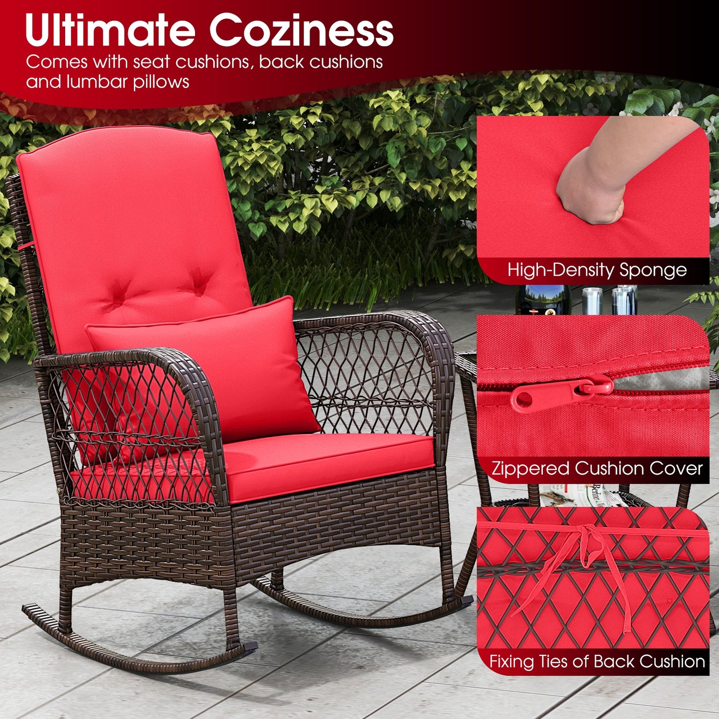 3 Pieces Rocking Bistro Set with 2-Tier Coffee Table, Red Patio Conversation Sets   at Gallery Canada