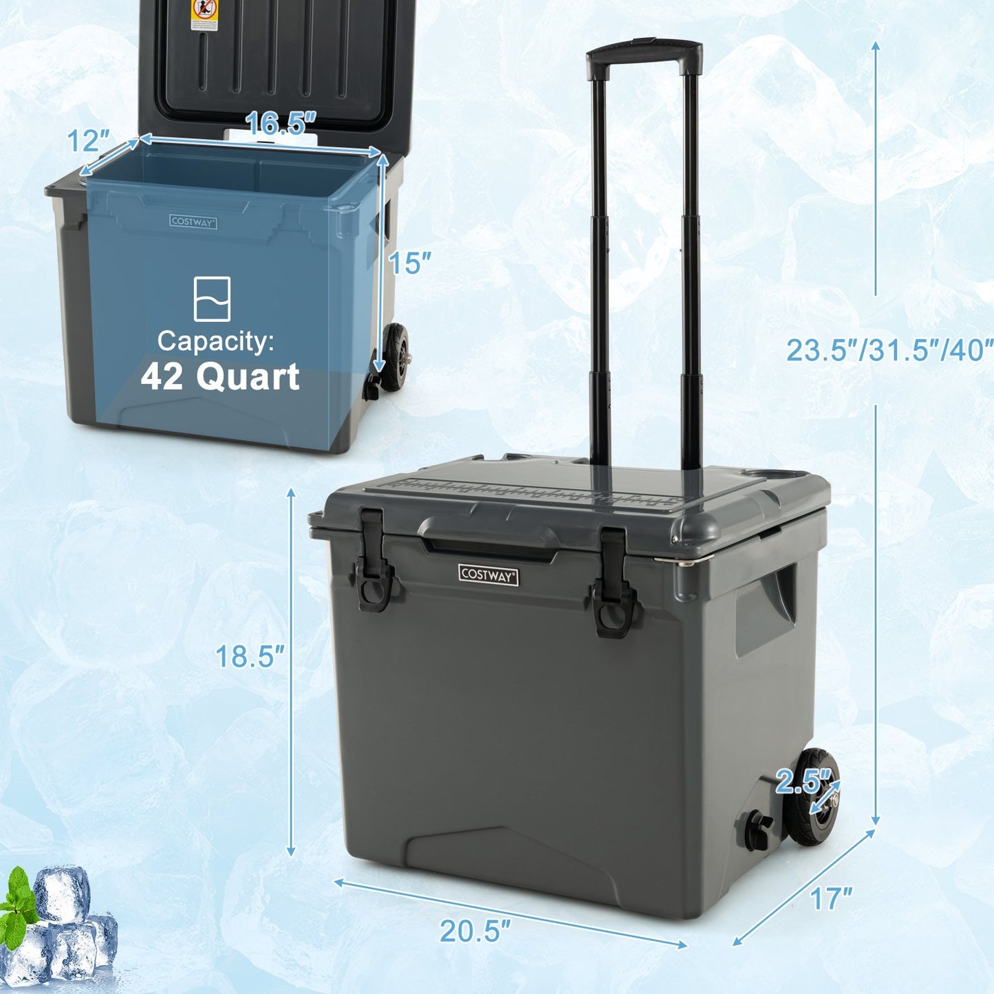 42 Quart Hard Cooler with Wheels and Handle, Gray Coolers   at Gallery Canada