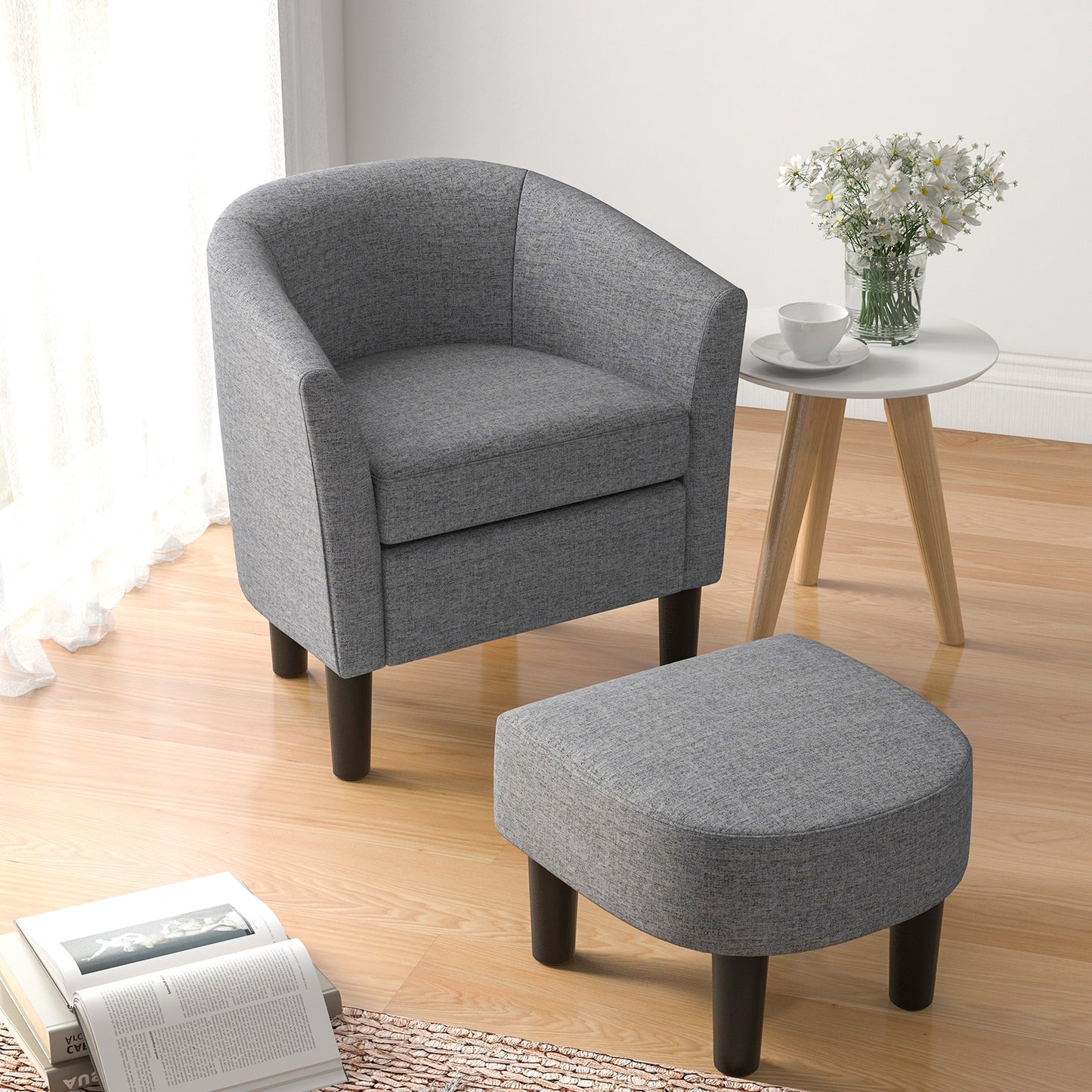 Barrel Club Chair with Ottoman Set Linen Fabric Accent Chair with Footrest, Gray Accent Chairs   at Gallery Canada