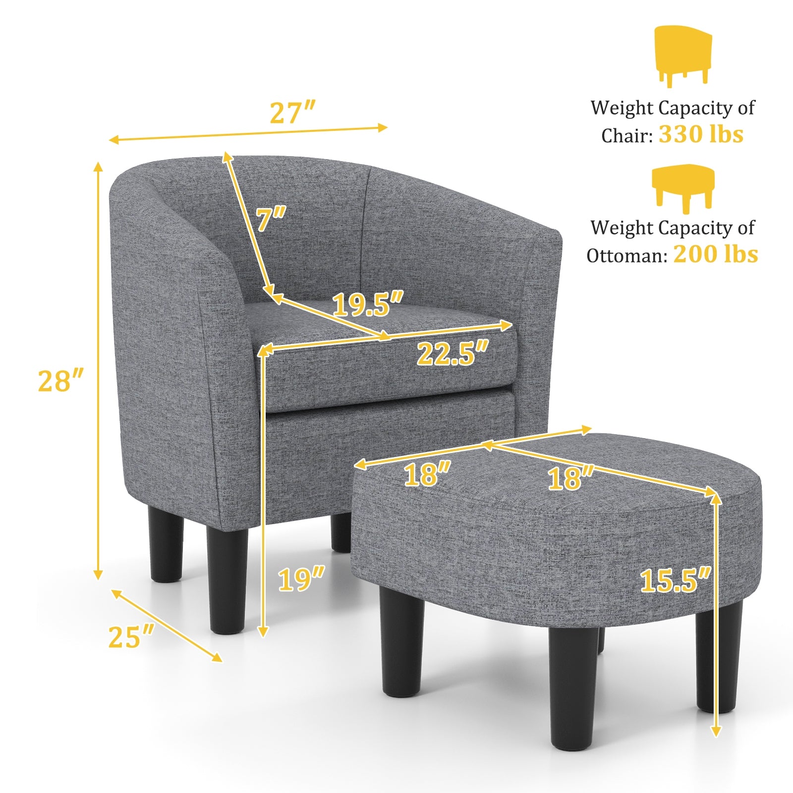 Barrel Club Chair with Ottoman Set Linen Fabric Accent Chair with Footrest, Gray Accent Chairs   at Gallery Canada