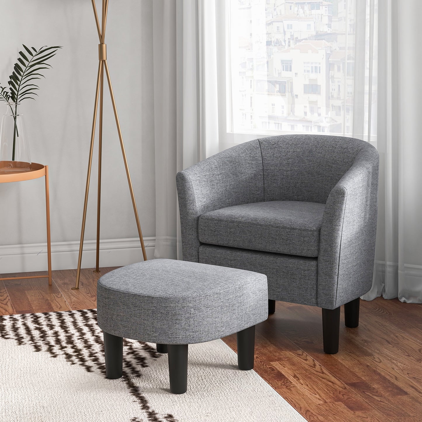 Barrel Club Chair with Ottoman Set Linen Fabric Accent Chair with Footrest, Gray Accent Chairs   at Gallery Canada