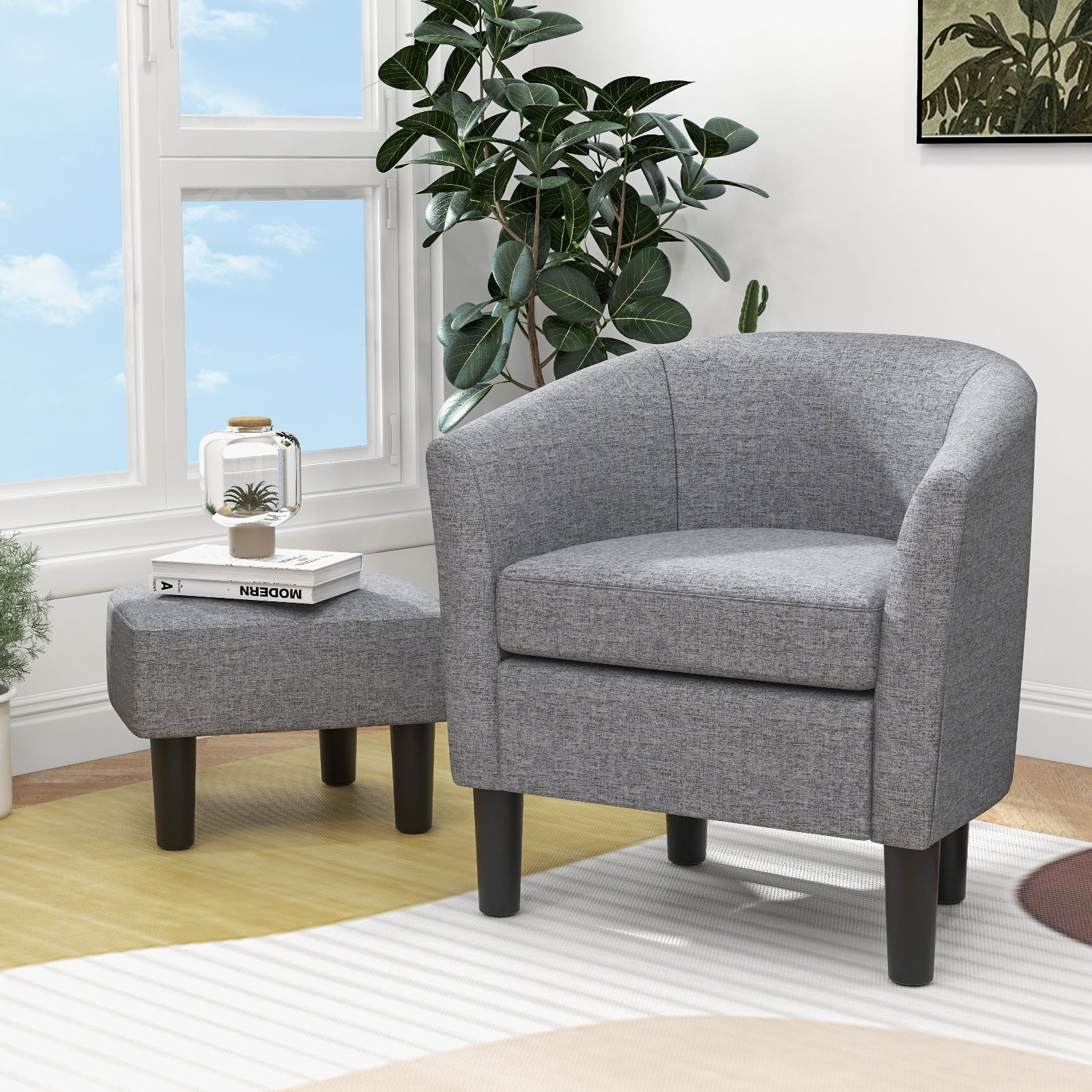 Barrel Club Chair with Ottoman Set Linen Fabric Accent Chair with Footrest, Gray Accent Chairs   at Gallery Canada