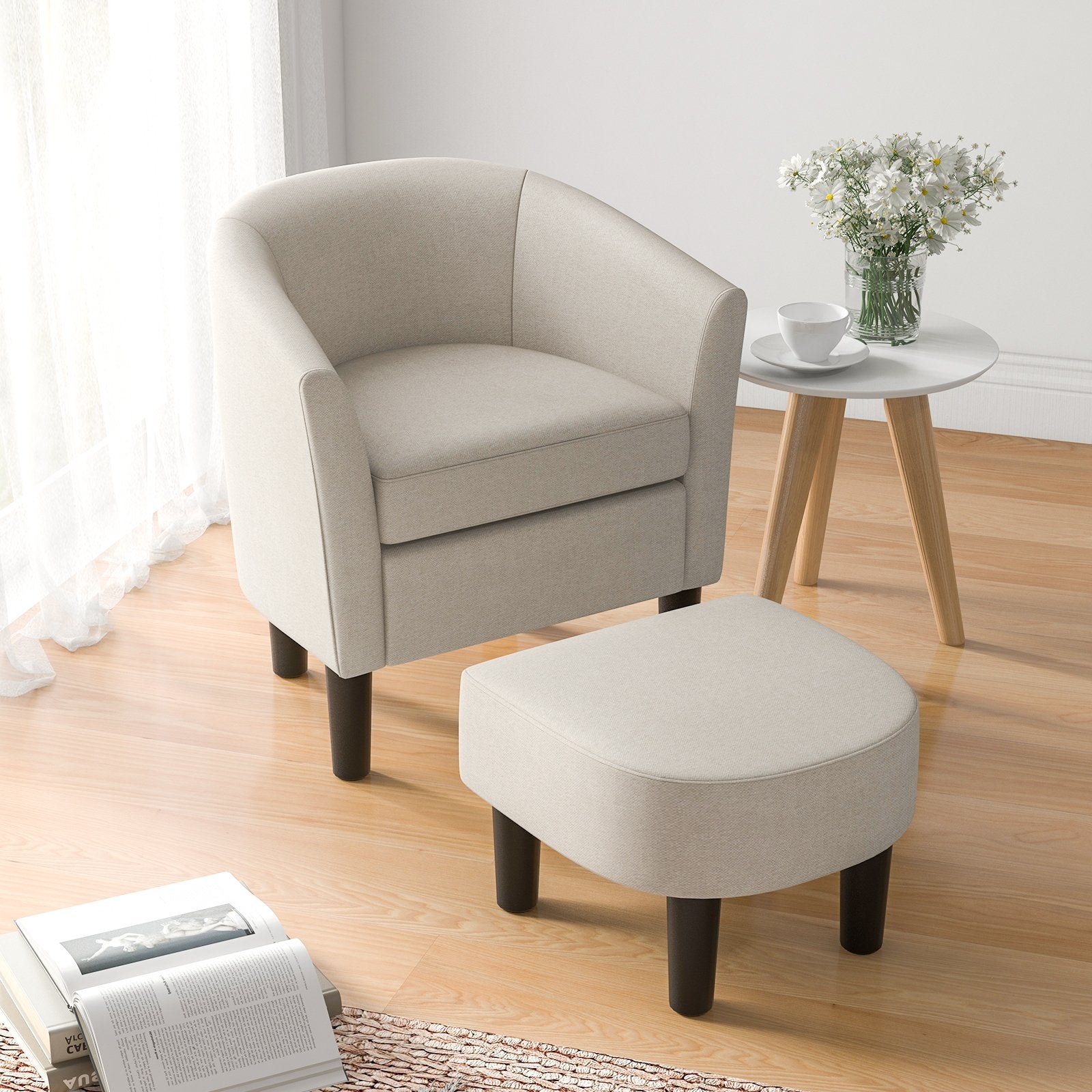 Barrel Club Chair with Ottoman Set Linen Fabric Accent Chair with Footrest, Beige Accent Chairs   at Gallery Canada