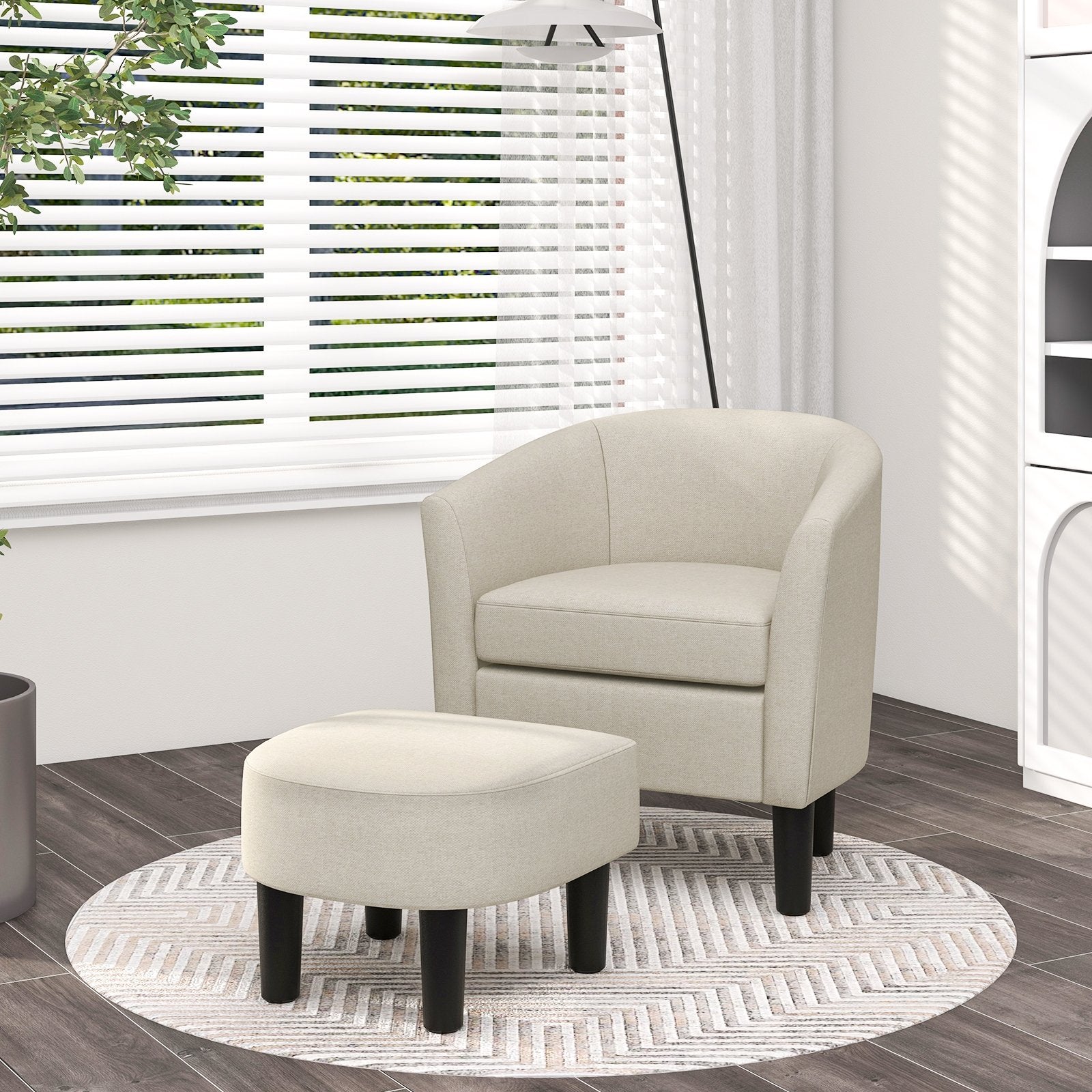 Barrel Club Chair with Ottoman Set Linen Fabric Accent Chair with Footrest, Beige Accent Chairs   at Gallery Canada