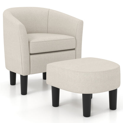 Barrel Club Chair with Ottoman Set Linen Fabric Accent Chair with Footrest, Beige Accent Chairs Beige  at Gallery Canada