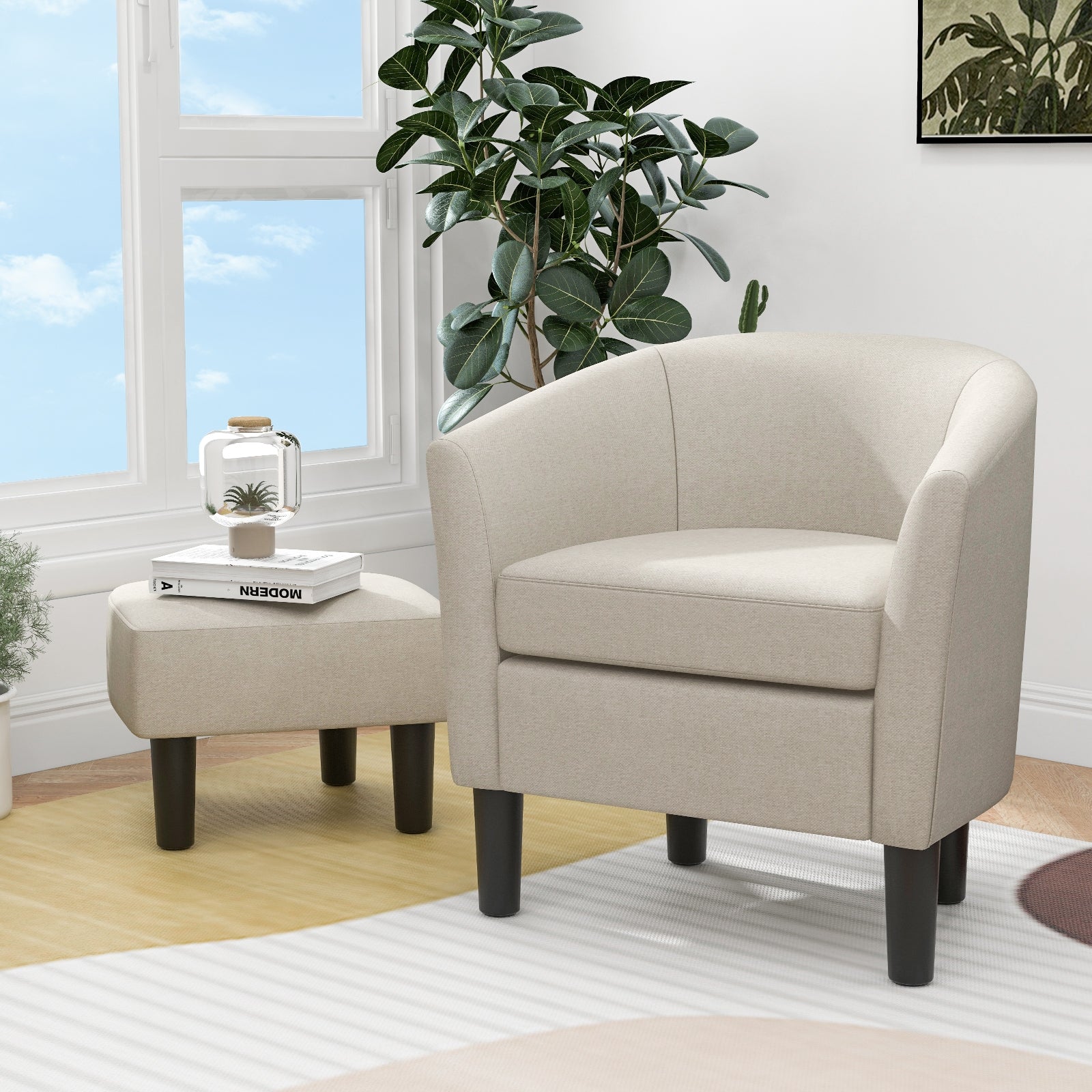 Barrel Club Chair with Ottoman Set Linen Fabric Accent Chair with Footrest, Beige Accent Chairs   at Gallery Canada