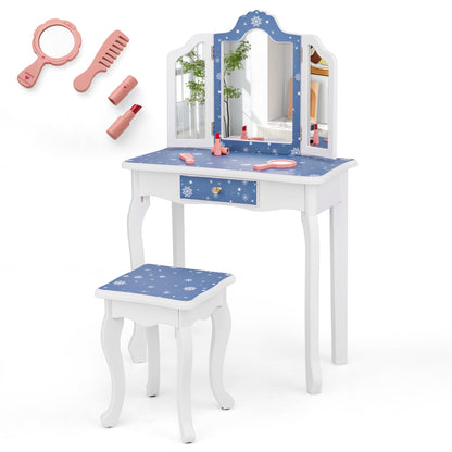 Princess Pretend Play Makeup Table and Stool Set with Tri-folding Mirror, Blue Kids Vanities Blue  at Gallery Canada