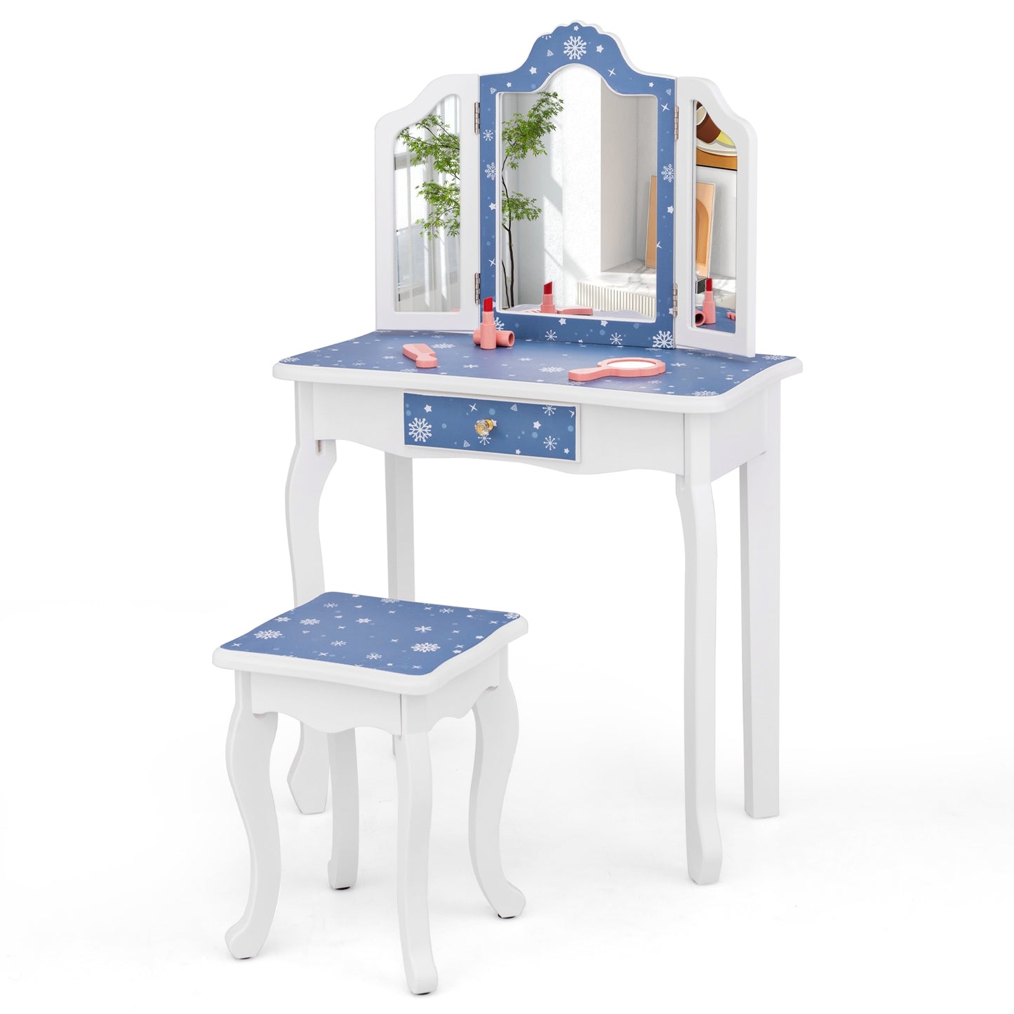 Princess Pretend Play Makeup Table and Stool Set with Tri-folding Mirror, Blue Kids Vanities   at Gallery Canada