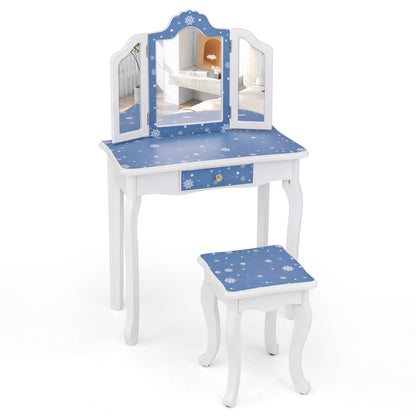 Princess Pretend Play Makeup Table and Stool Set with Tri-folding Mirror, Blue Kids Vanities   at Gallery Canada