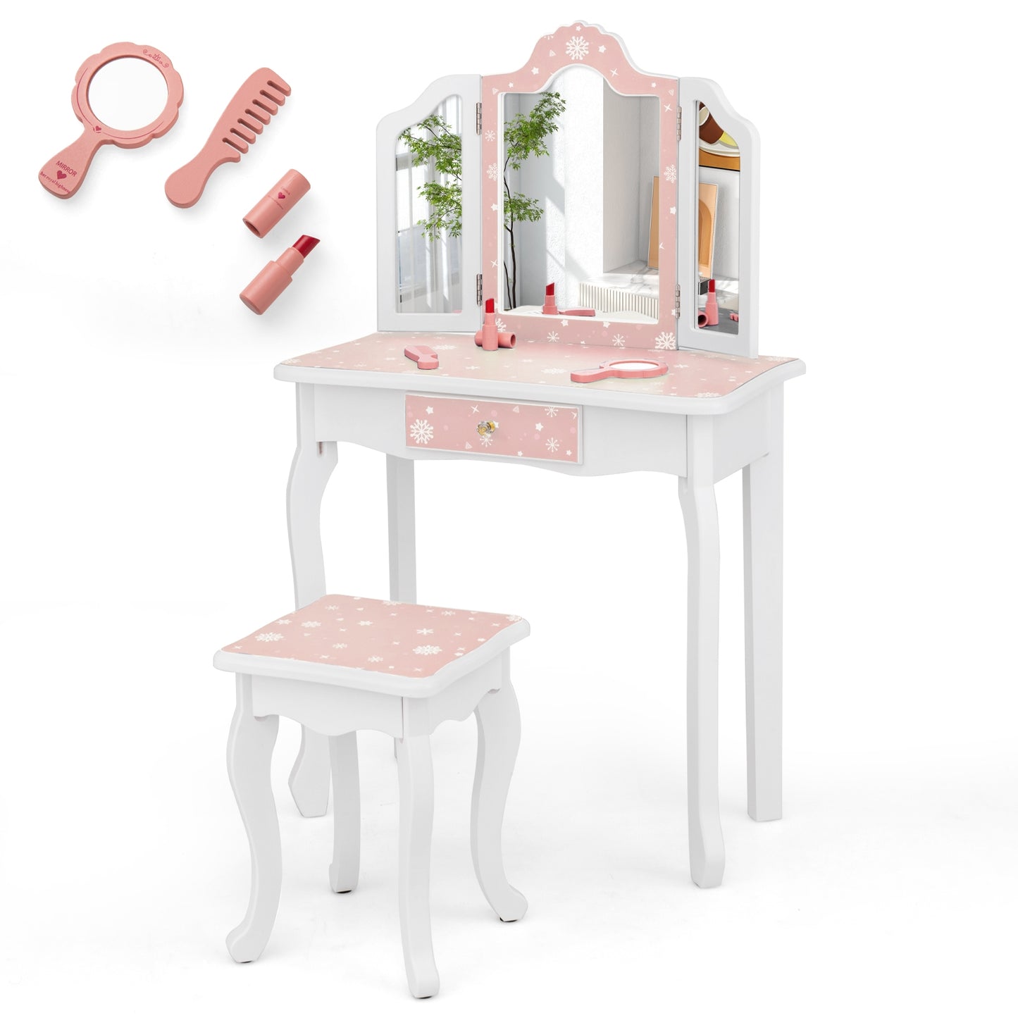 Princess Pretend Play Makeup Table and Stool Set with Tri-folding Mirror, Pink Kids Vanities Pink  at Gallery Canada