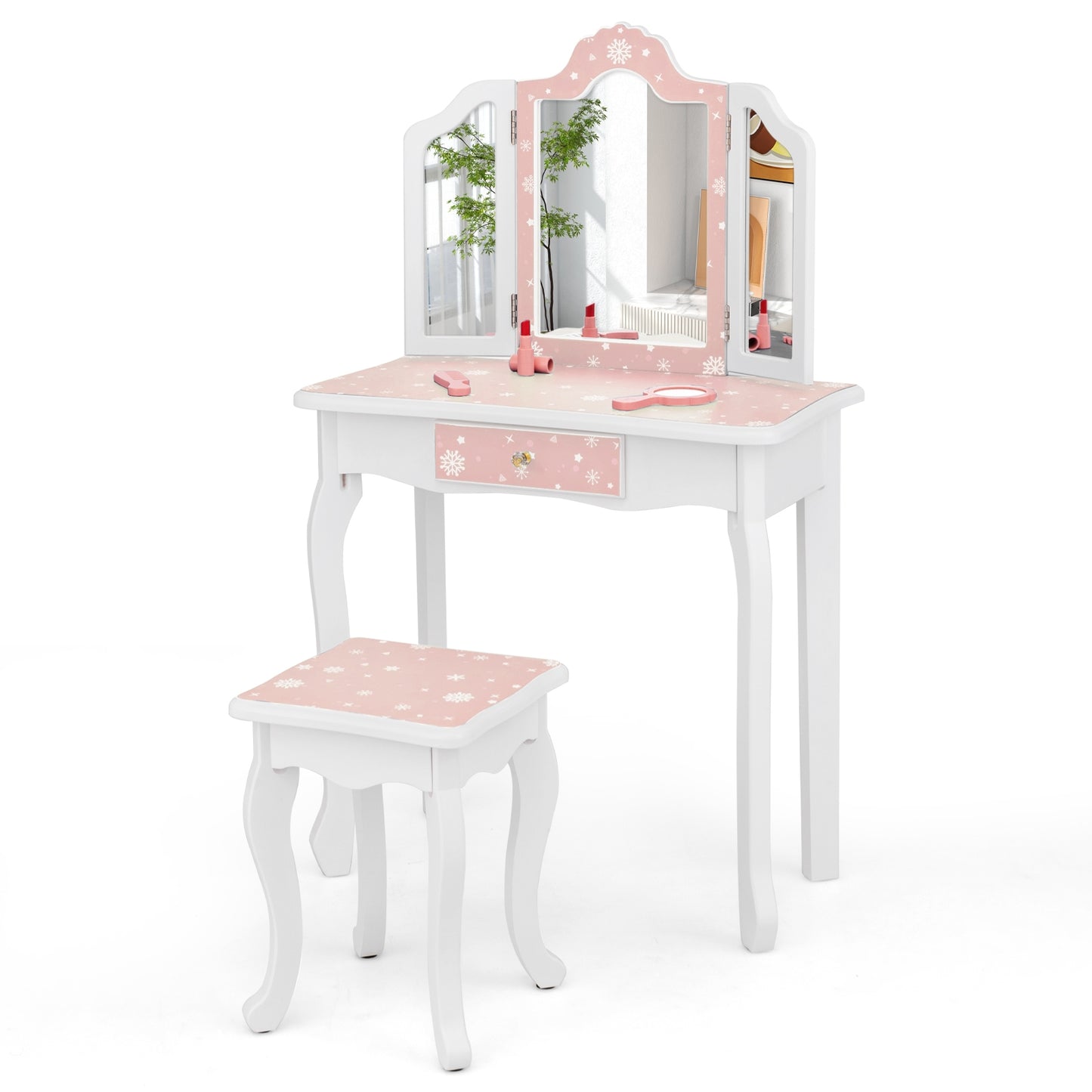 Princess Pretend Play Makeup Table and Stool Set with Tri-folding Mirror, Pink Kids Vanities   at Gallery Canada