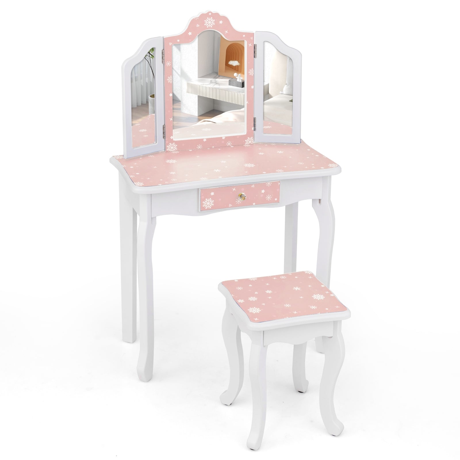 Princess Pretend Play Makeup Table and Stool Set with Tri-folding Mirror, Pink Kids Vanities   at Gallery Canada