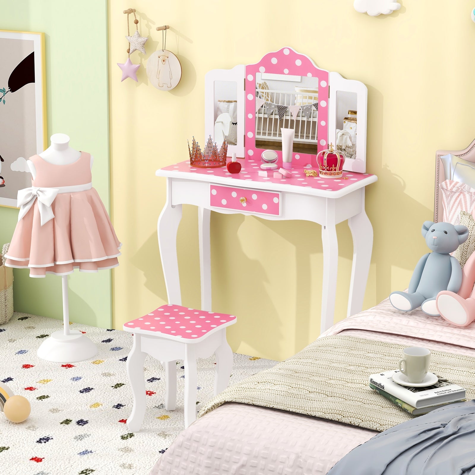 Princess Pretend Play Makeup Dressing Table with Cute Polka Dot Print, Pink Kids Vanities   at Gallery Canada