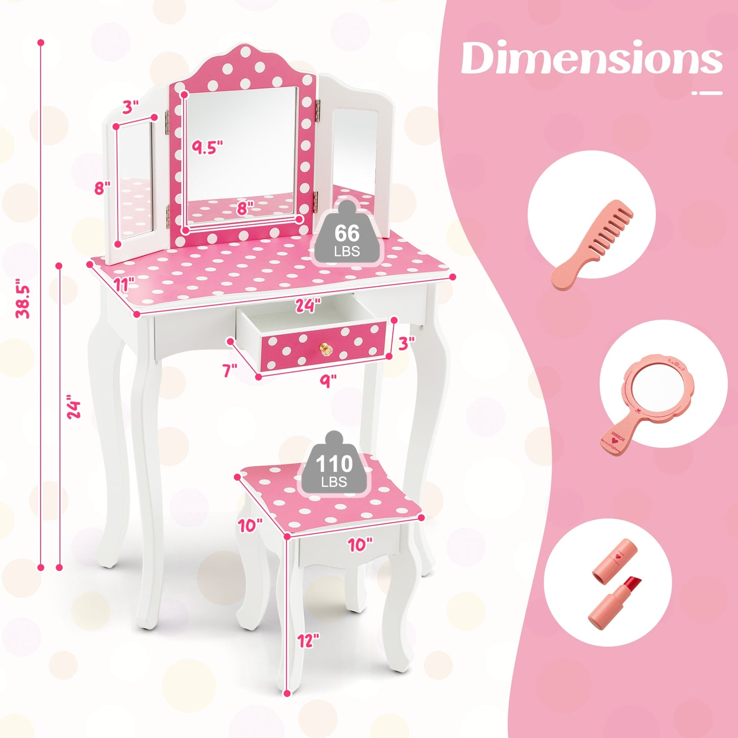 Princess Pretend Play Makeup Dressing Table with Cute Polka Dot Print, Pink Kids Vanities   at Gallery Canada