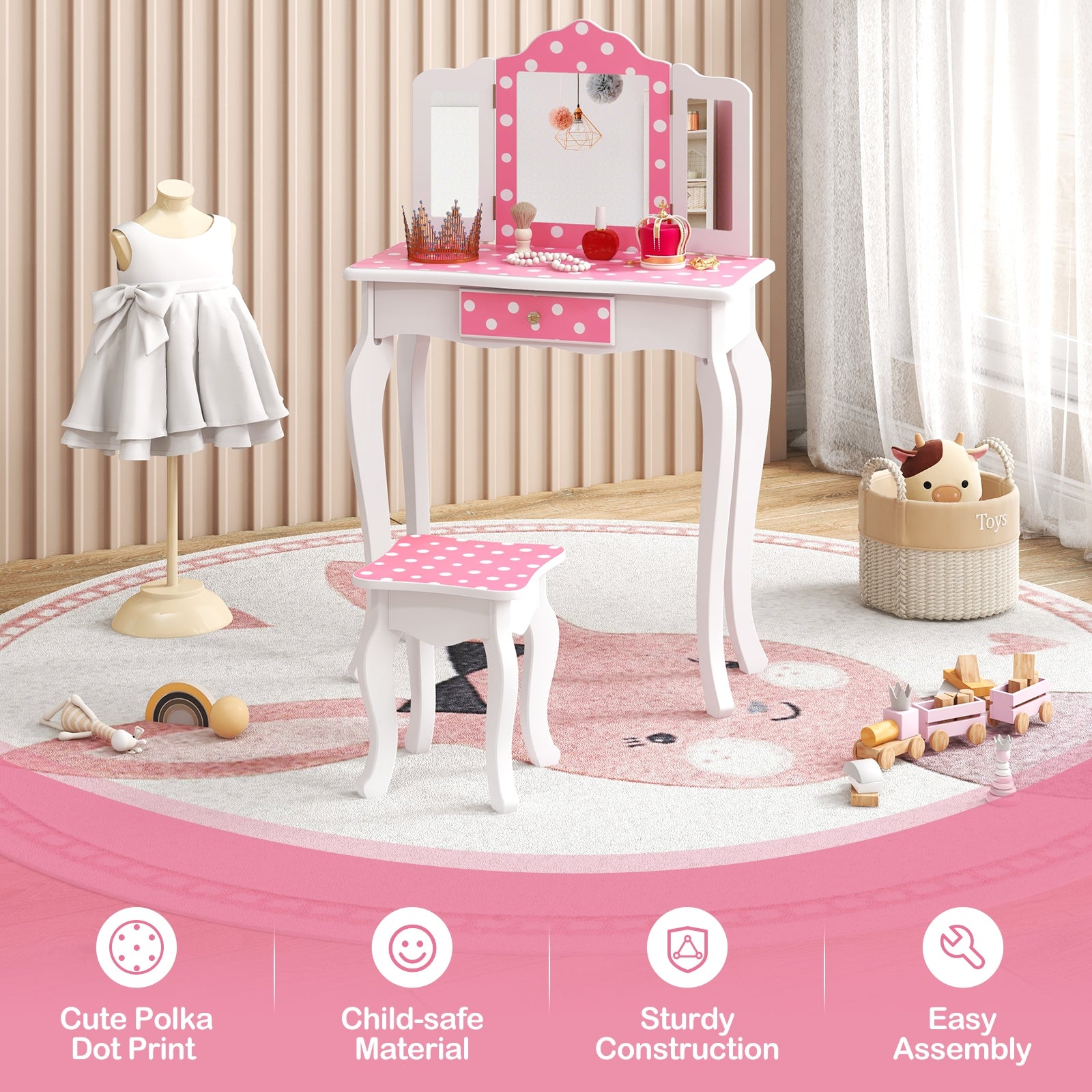 Princess Pretend Play Makeup Dressing Table with Cute Polka Dot Print, Pink Kids Vanities   at Gallery Canada