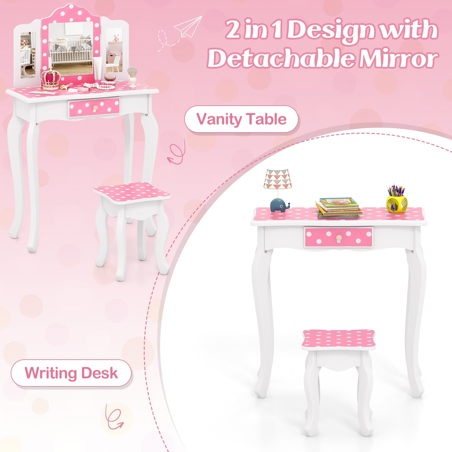 Princess Pretend Play Makeup Dressing Table with Cute Polka Dot Print, Pink Kids Vanities   at Gallery Canada