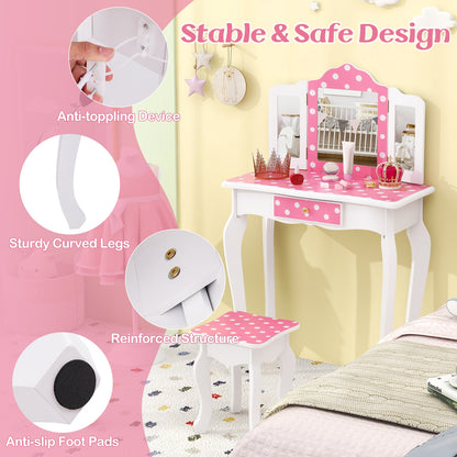 Princess Pretend Play Makeup Dressing Table with Cute Polka Dot Print, Pink Kids Vanities   at Gallery Canada