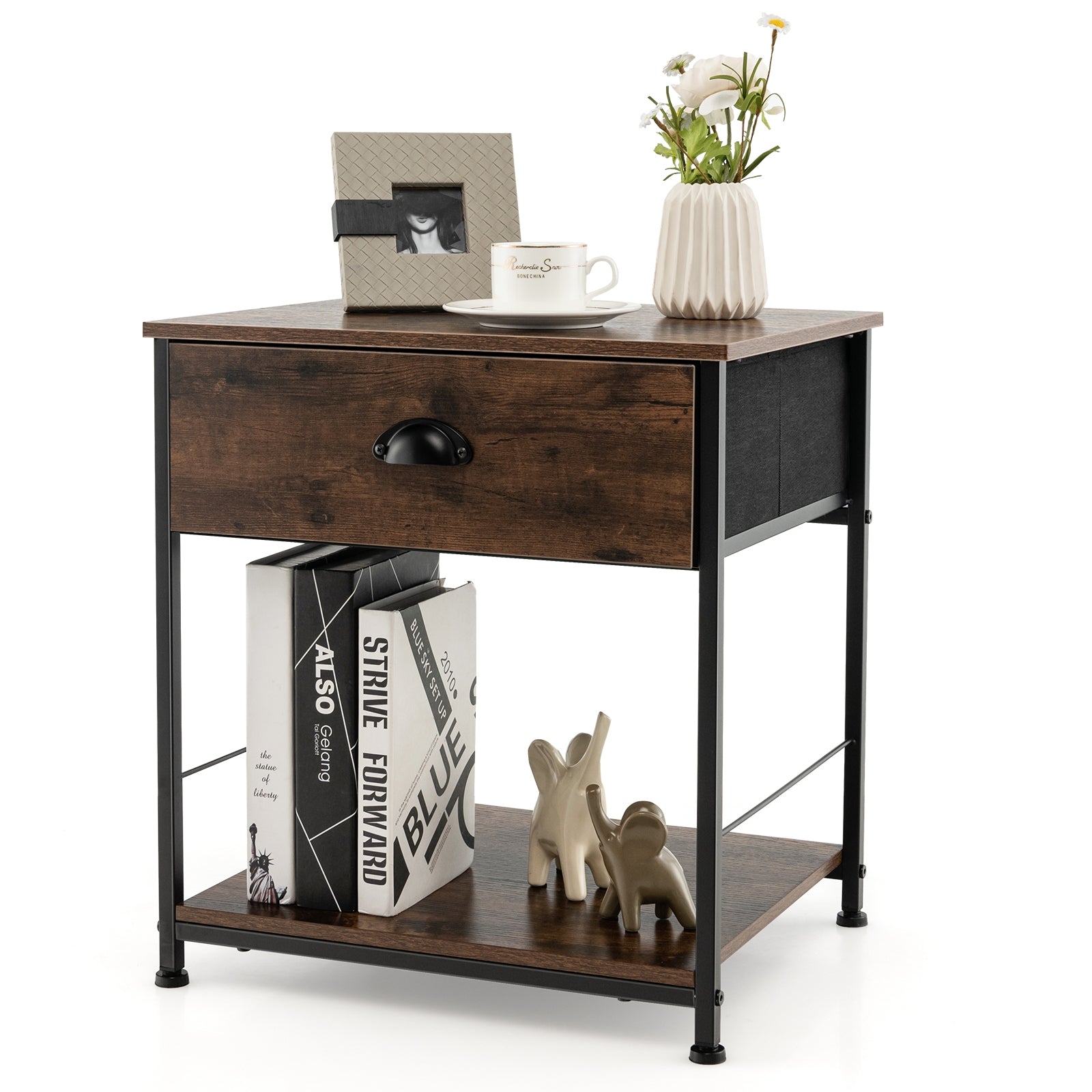 2-Tier Nightstand with Open Storage Shelf for Living Room Bedroom-1 Piece, Rustic Brown Nightstands   at Gallery Canada