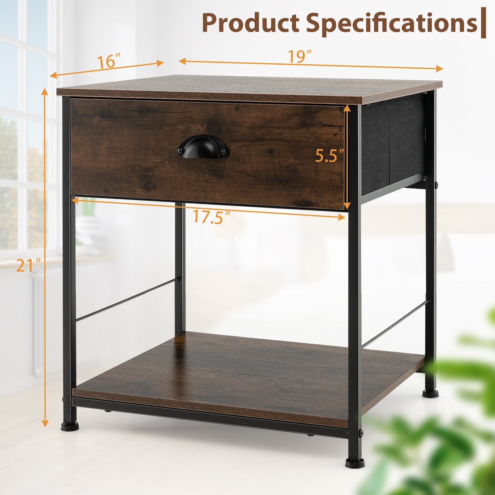 2-Tier Nightstand with Open Storage Shelf for Living Room Bedroom-1 Piece, Rustic Brown Nightstands   at Gallery Canada