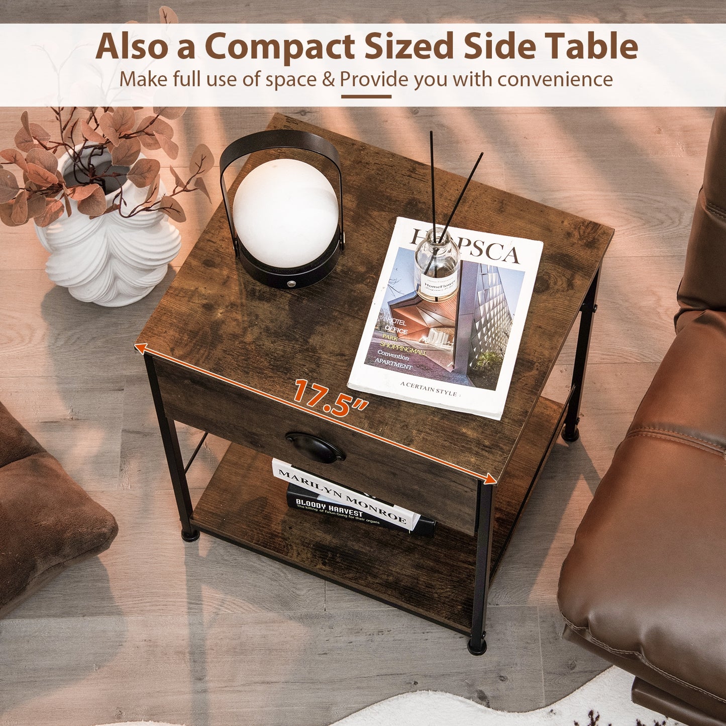 2-Tier Nightstand with Open Storage Shelf for Living Room Bedroom-1 Piece, Rustic Brown Nightstands   at Gallery Canada