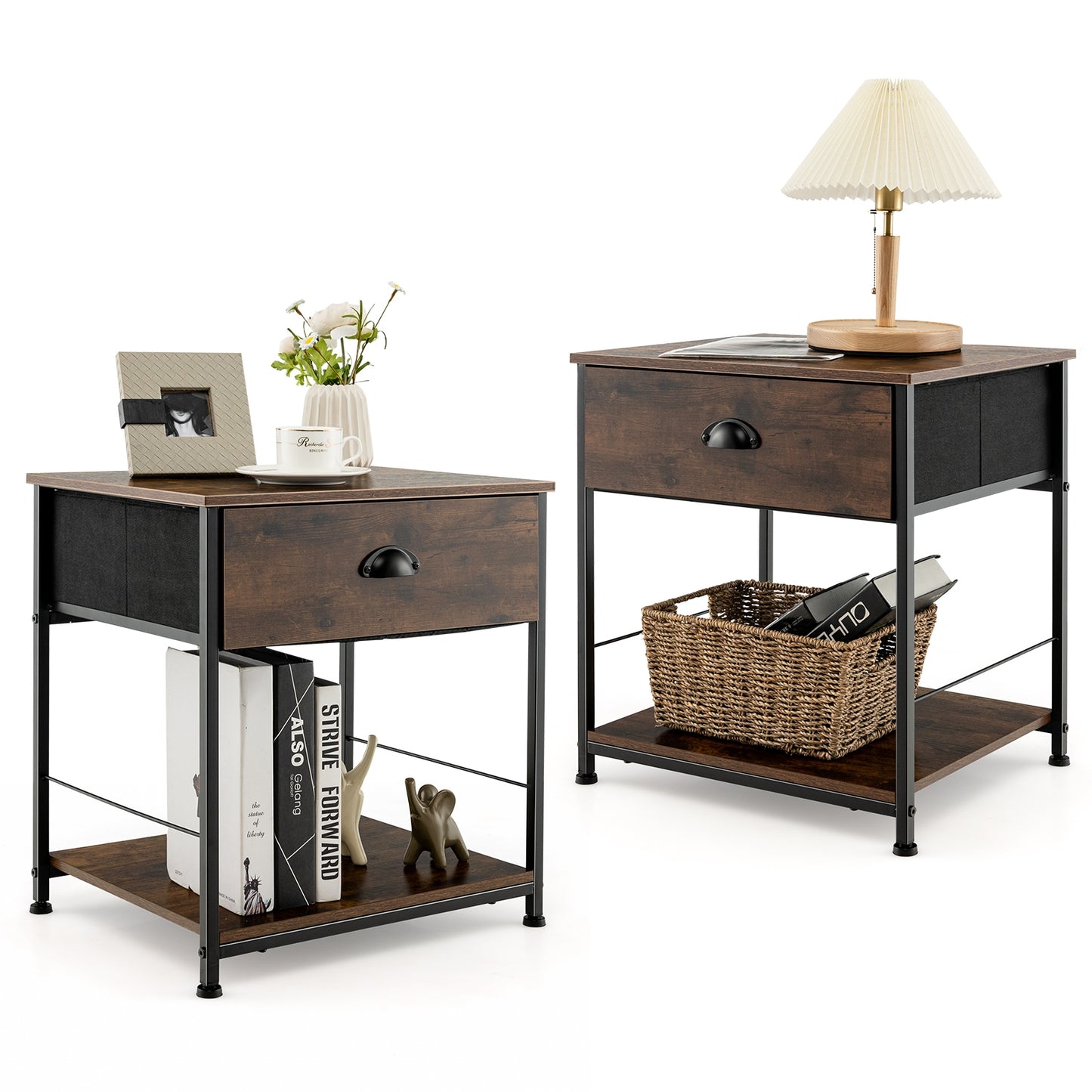 2 Tiers Nightstand with Open Storage Shelf for Living Room Bedroom-Set of 2, Rustic Brown Nightstands   at Gallery Canada