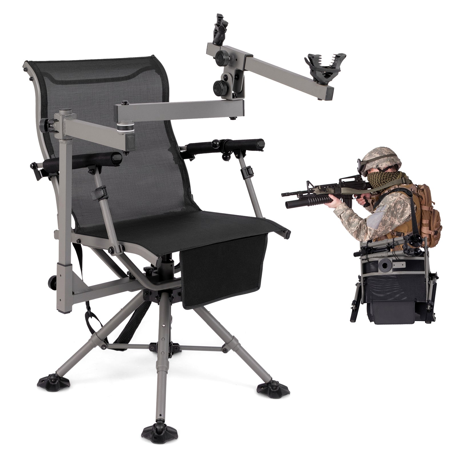 360° Swivel Portable Hunting Chair with Adjustable Legs and Armrests, Black Camping Furniture Black  at Gallery Canada