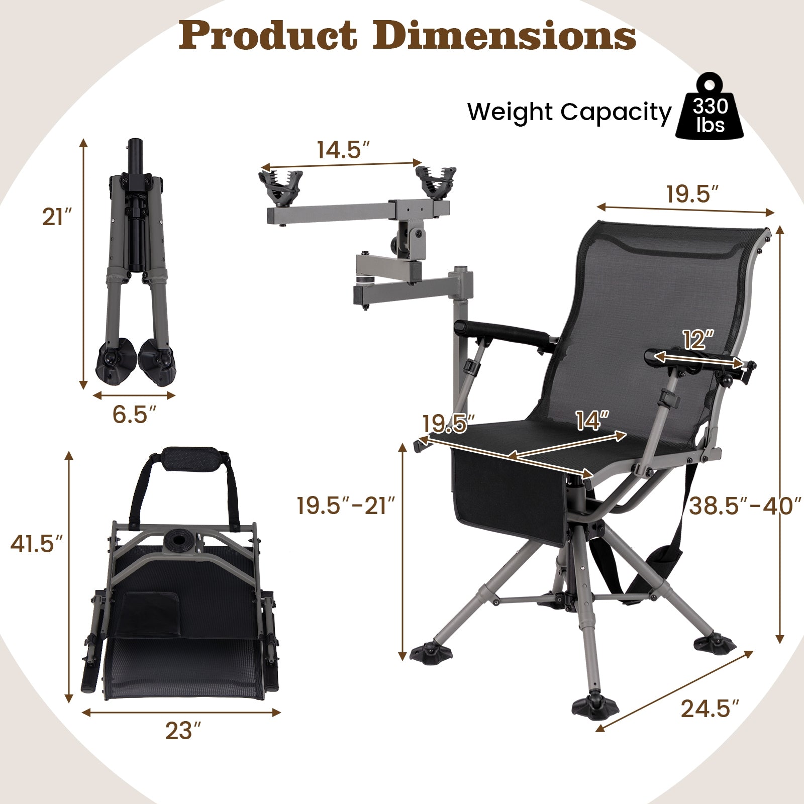 360° Swivel Portable Hunting Chair with Adjustable Legs and Armrests, Black Camping Furniture   at Gallery Canada