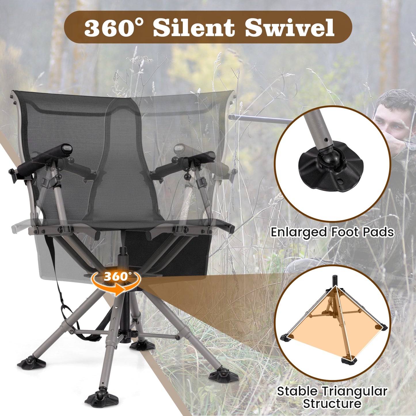 360° Swivel Portable Hunting Chair with Adjustable Legs and Armrests, Black Camping Furniture   at Gallery Canada