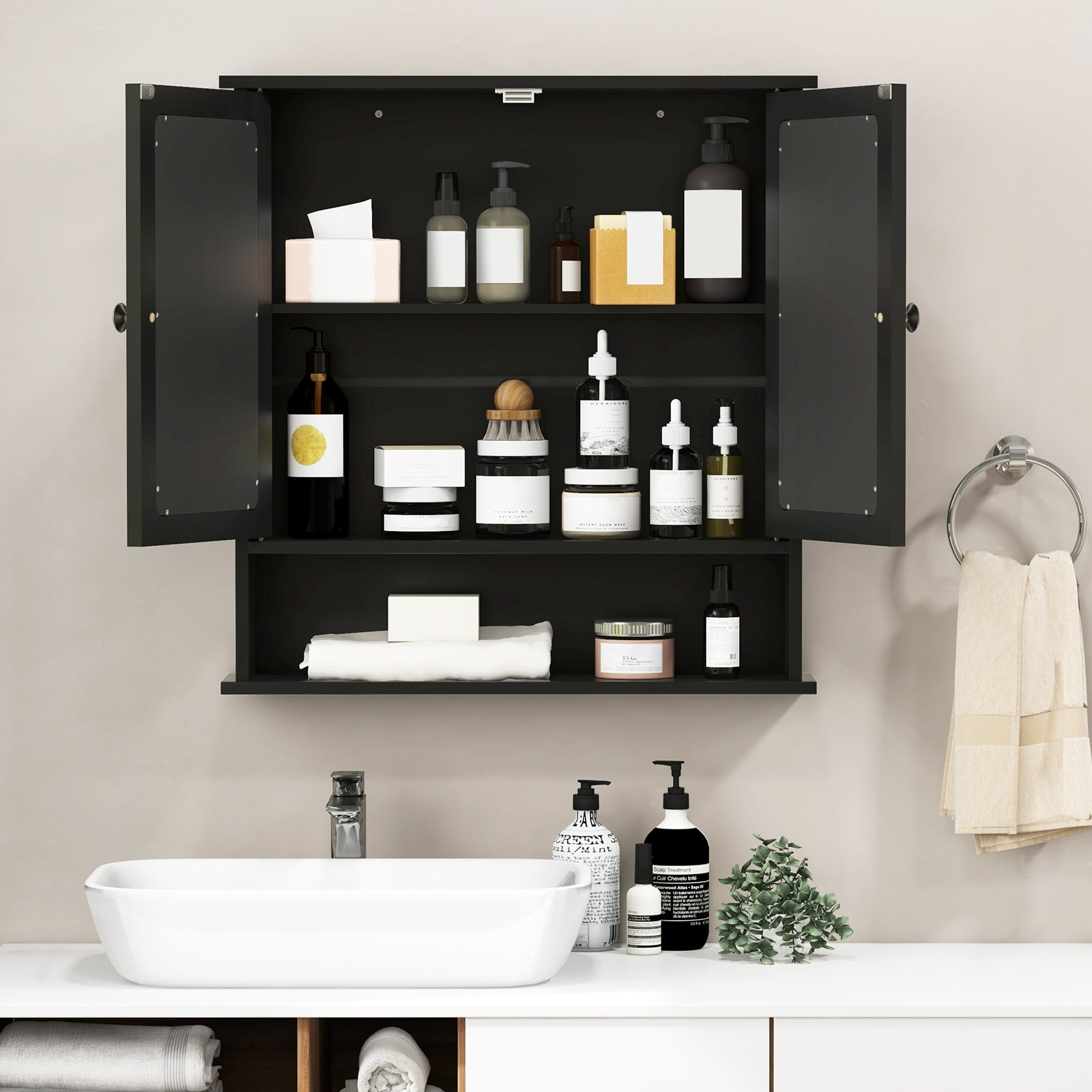 Double Door Wall-Mounted Bathroom Mirror Cabinet with Storage Shelf, Black Wall Cabinets   at Gallery Canada