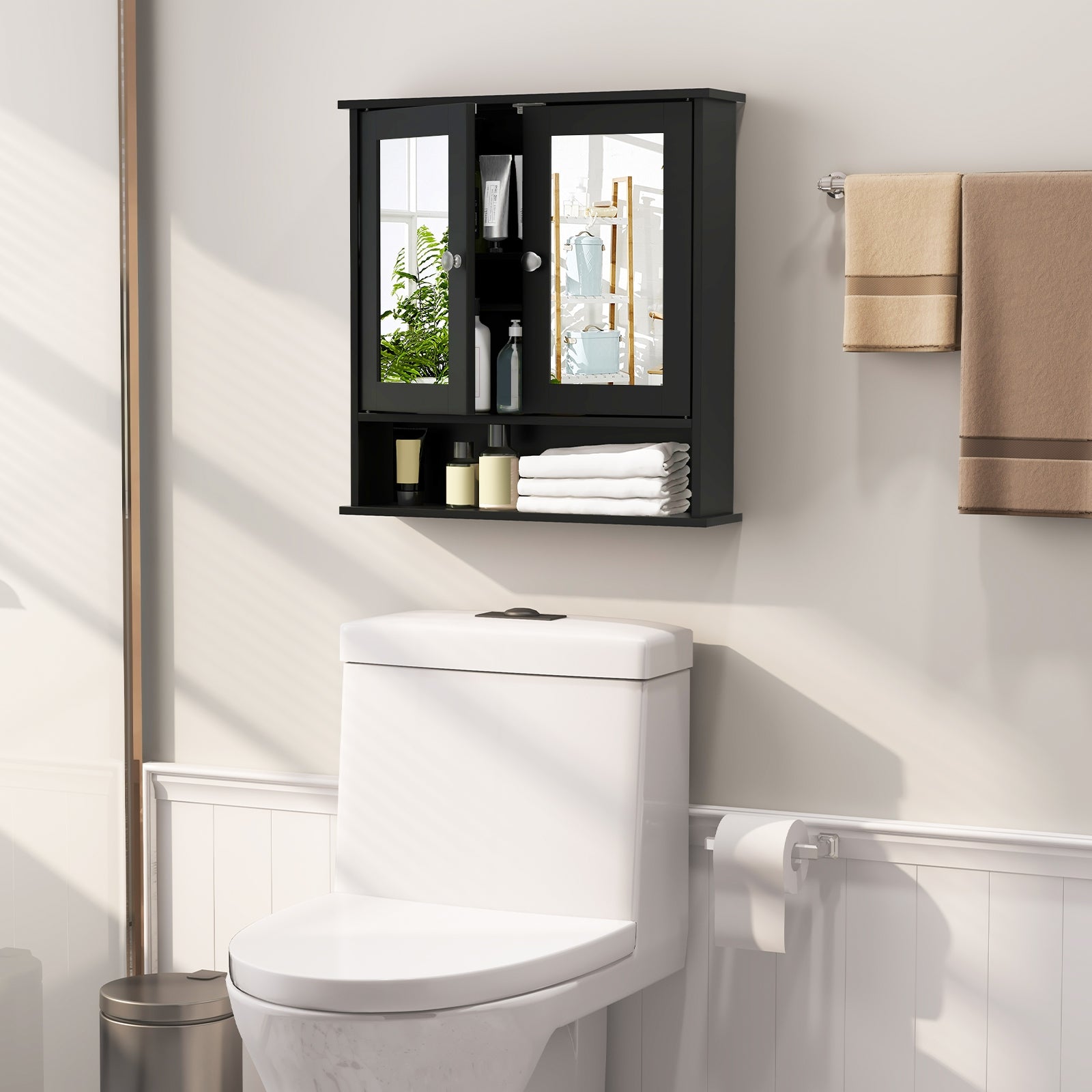 Double Door Wall-Mounted Bathroom Mirror Cabinet with Storage Shelf, Black Wall Cabinets   at Gallery Canada