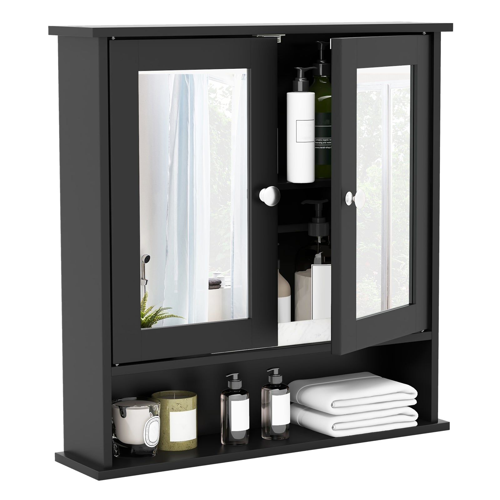 Double Door Wall-Mounted Bathroom Mirror Cabinet with Storage Shelf, Black Wall Cabinets Black  at Gallery Canada