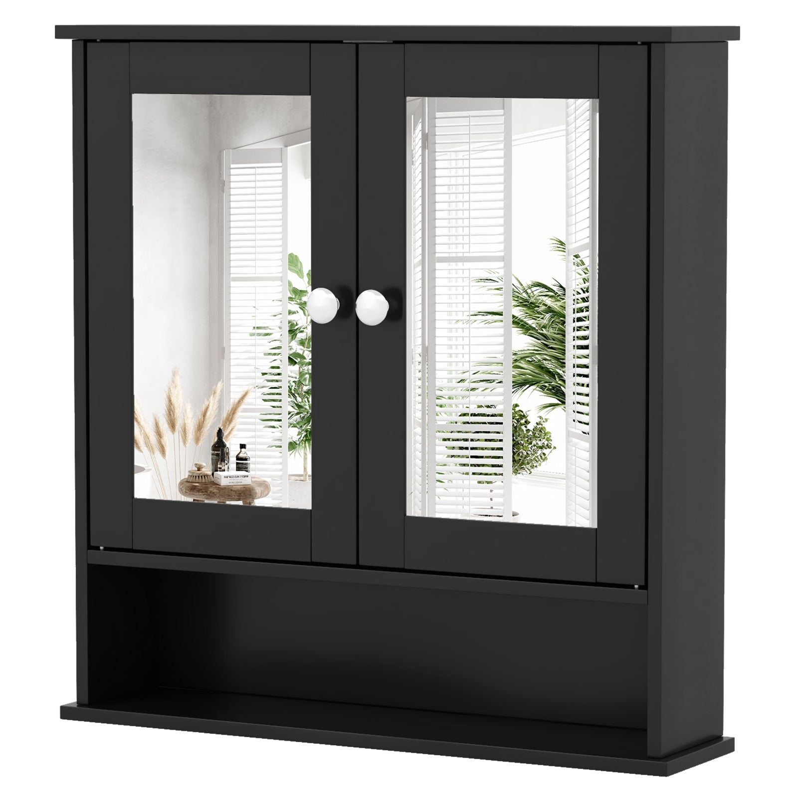 Double Door Wall-Mounted Bathroom Mirror Cabinet with Storage Shelf, Black Wall Cabinets   at Gallery Canada