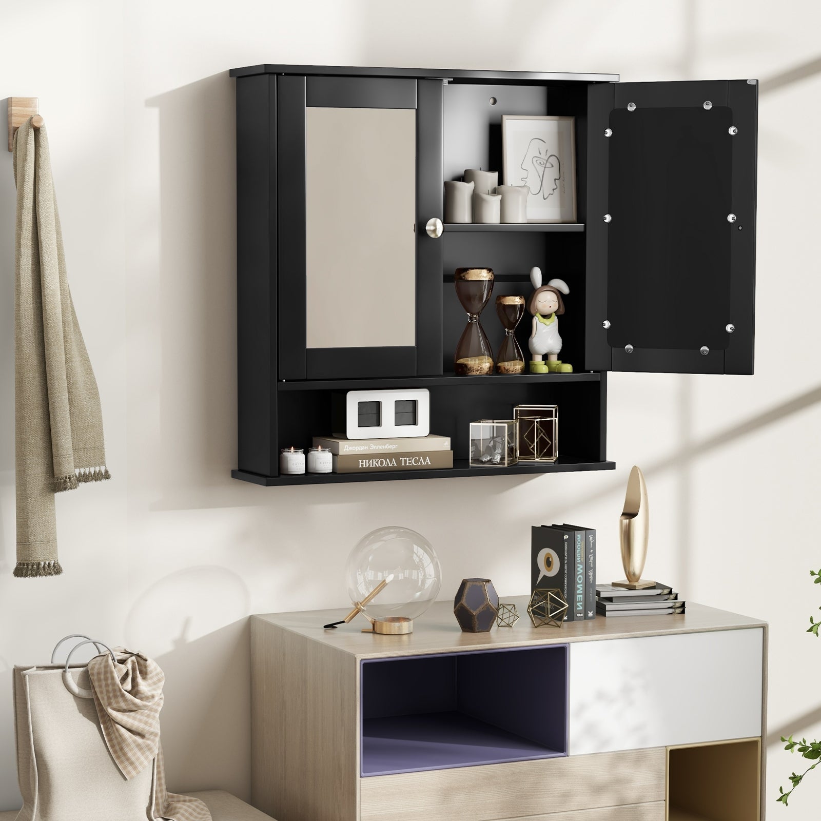 Double Door Wall-Mounted Bathroom Mirror Cabinet with Storage Shelf, Black Wall Cabinets   at Gallery Canada