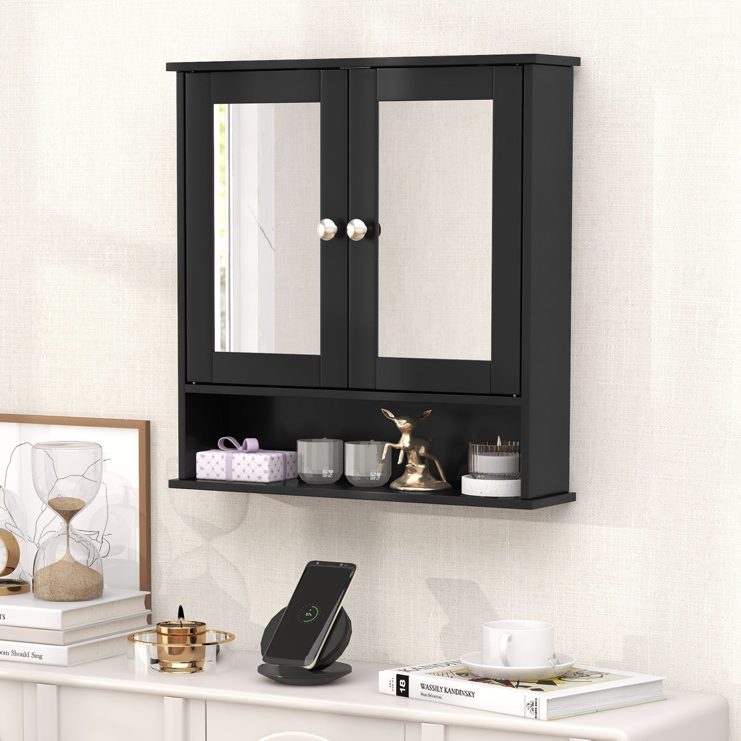 Double Door Wall-Mounted Bathroom Mirror Cabinet with Storage Shelf, Black Wall Cabinets   at Gallery Canada