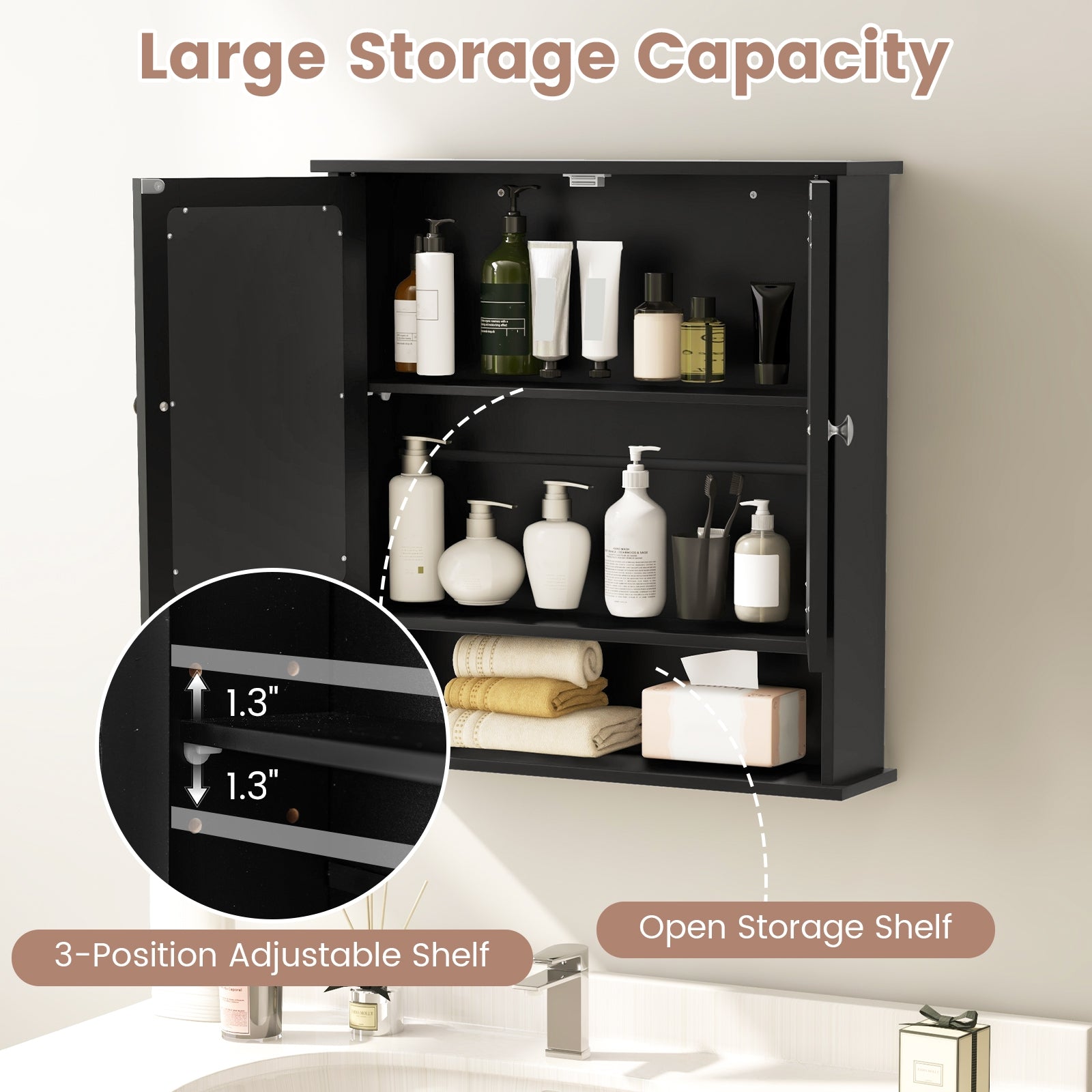 Double Door Wall-Mounted Bathroom Mirror Cabinet with Storage Shelf, Black Wall Cabinets   at Gallery Canada