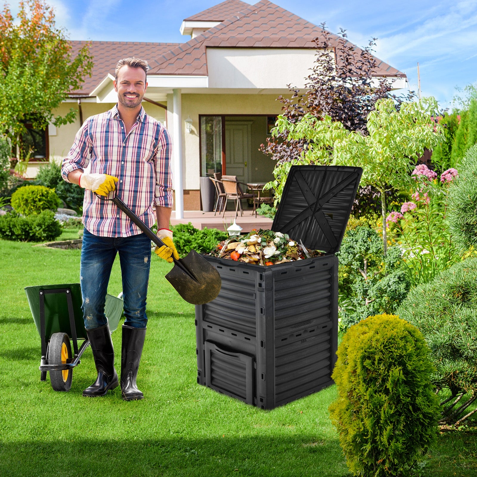 80-Gallon Outdoor Composter with Large Openable Lid and Bottom Exit Door, Black Garden Tools   at Gallery Canada