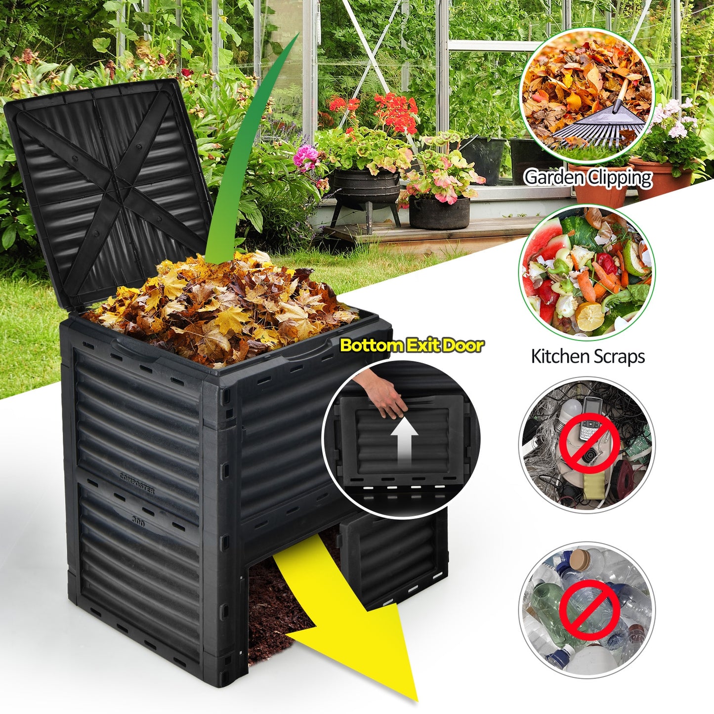 80-Gallon Outdoor Composter with Large Openable Lid and Bottom Exit Door, Black Garden Tools   at Gallery Canada