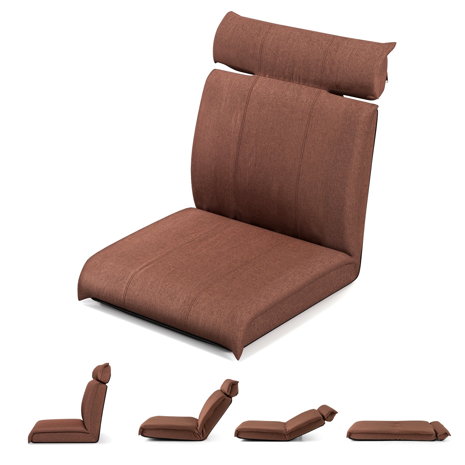 Folding Floor Chair with 14-Poistion Adjustable Backrest and 5-Position Adjustable Headrest, Brown Floor Chairs   at Gallery Canada