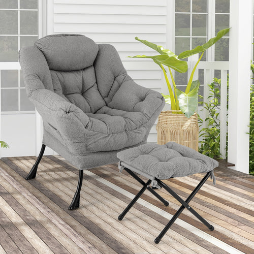 Modern Accent Chair with Folding Footrest and Head Pillow, Gray