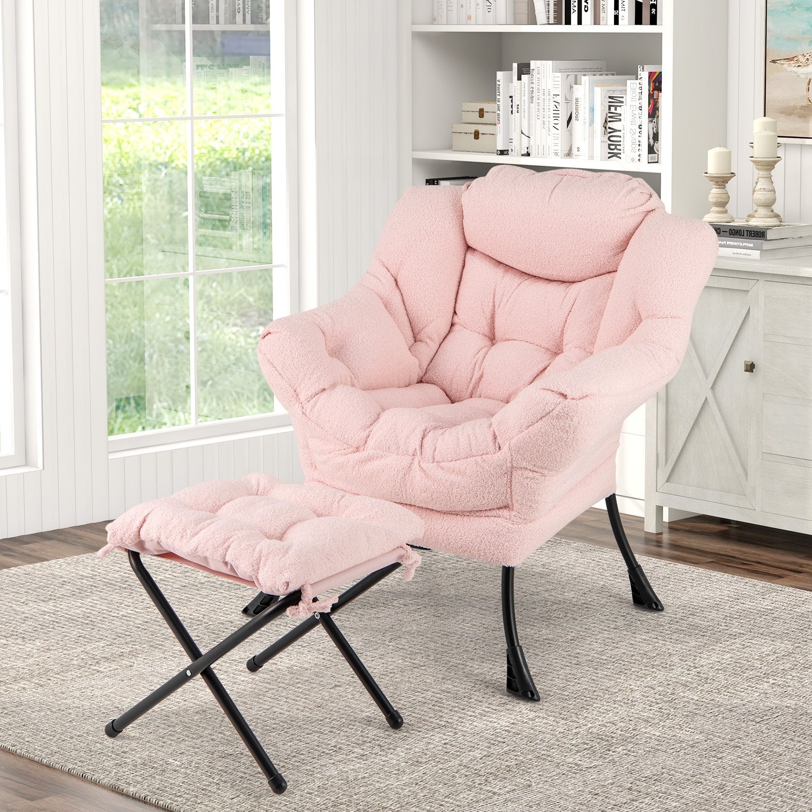 Modern Accent Chair with Folding Footrest and Head Pillow, Pink Accent Chairs   at Gallery Canada