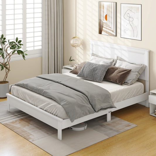 Queen Size Bed Frame Platform Slat High Headboard Bedroom with Rubber Wood Leg, White Simple Bed Frame White  at Gallery Canada