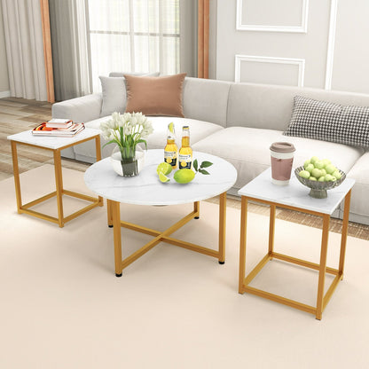 3-Piece Coffee Table Set Round Coffee Table and 2PCS Square End Tables-White and Gold, White Coffee Tables   at Gallery Canada