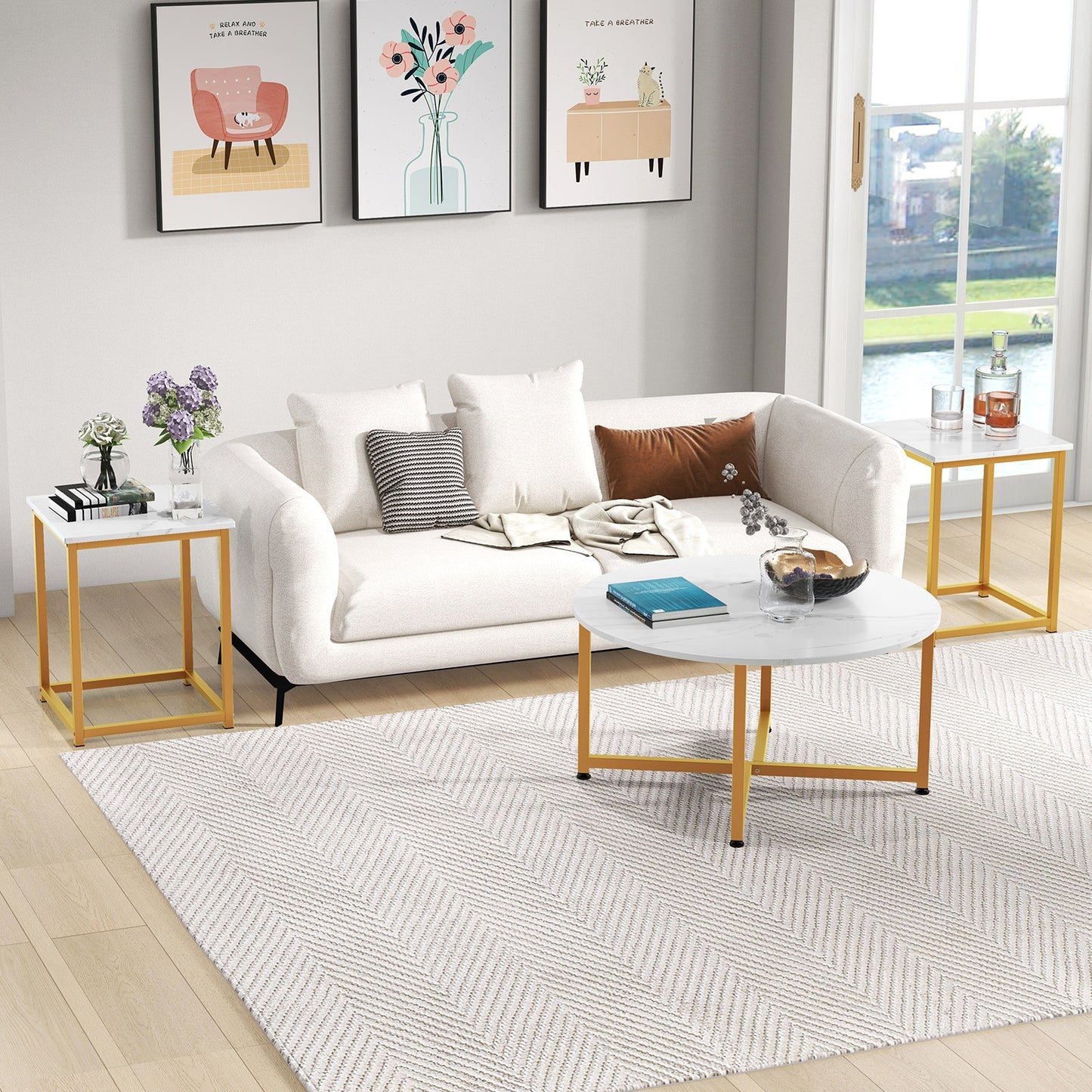 3-Piece Coffee Table Set Round Coffee Table and 2PCS Square End Tables-White and Gold, White Coffee Tables   at Gallery Canada