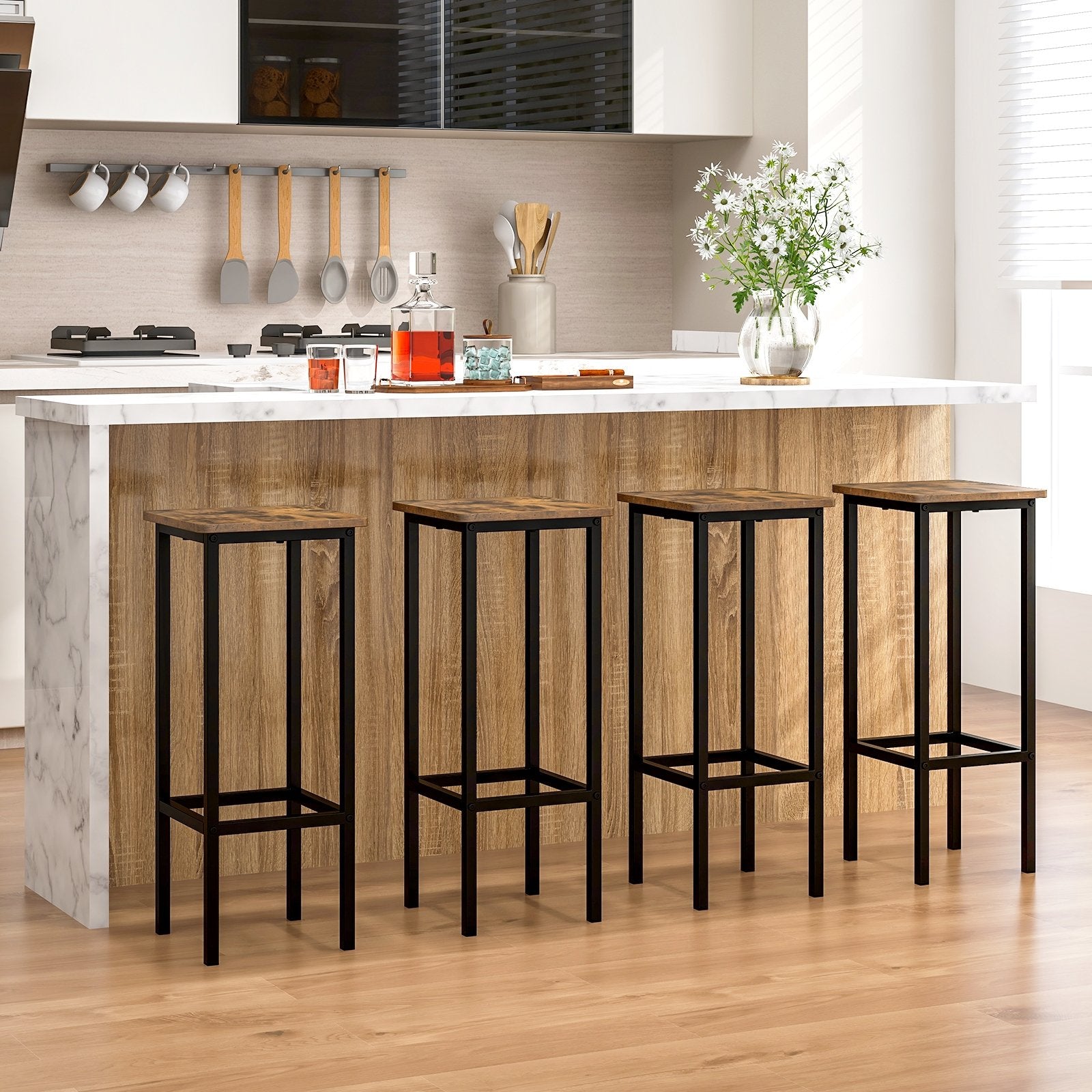 Set of 4 Bar Stool Set with Metal Legs and Footrest, Coffee Bar Stools   at Gallery Canada